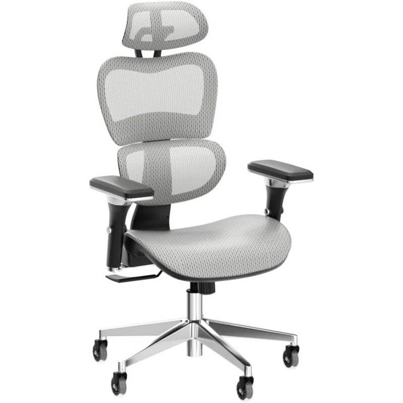 Cadeira de escritório com braços ajustáveis 4D, encostos de cabeça e rodas ajustáveis, encosto alto de malha, mesa e cadeira, cinza