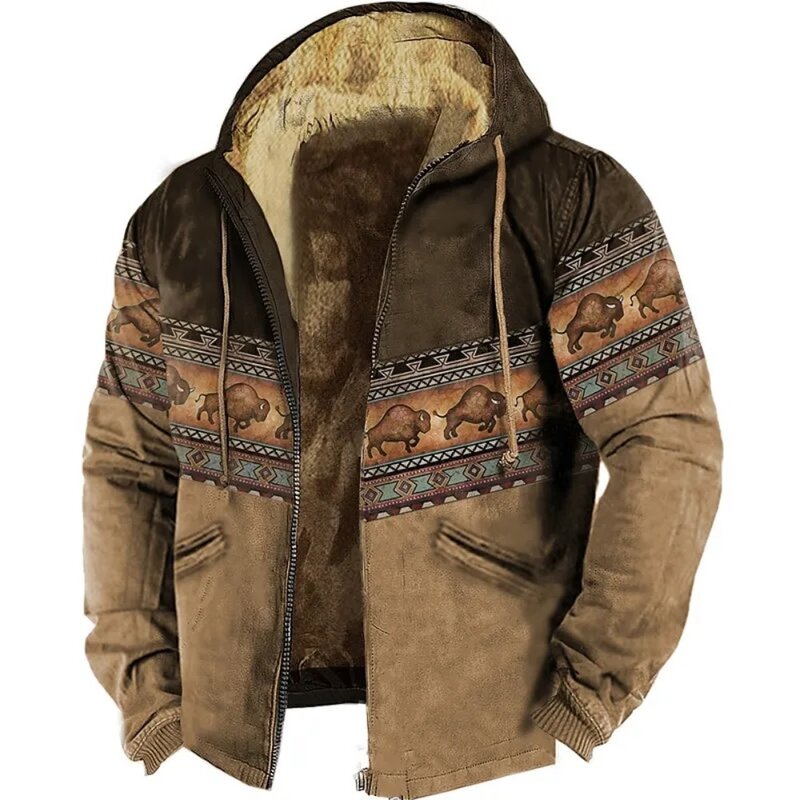 Men's Zipper Hoodies Bison Pattern Print Casual Winter Clothing Long Sleeve Sweatshirt Casual Hooded Jacket Outerwear