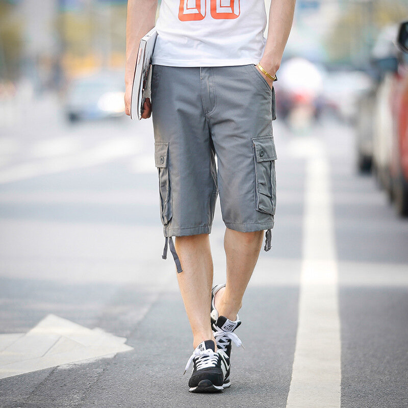 กางเกงขาสั้นคาร์โก้ลำลองสำหรับผู้ชายกางเกงกีฬาฤดูร้อนสีทึบกางเกงชายหาดผ้าฝ้ายกระเป๋าหลากหลาย