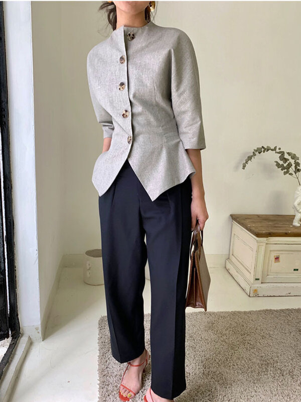 LANMREM-Blazers de cuello alto para mujer, chaquetas de oficina de un solo pecho, diseño de cintura fruncida, novedad de otoño 2024, 26D9482