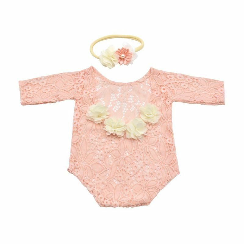 2Pcs Baby Flower Pearl Headband Lace Romper Newborn Photography Props Outfit Set