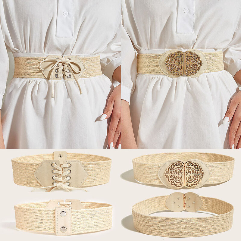 Bohemia Belt For Women PP Grass Lace Up Waist Strap Elastic Braided Belt Straw Woven Wide Corset Belt Dress Decorated Waistband