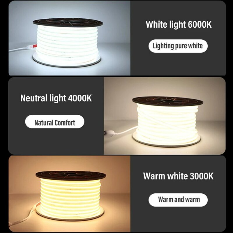 COB LED Strip Light com interruptor e poder regulável, EU Plug, fita FOB de jardim ao ar livre, iluminação de quarto e cozinha, 360LEDs/m, 3000k, 6000k, 220V, RA90