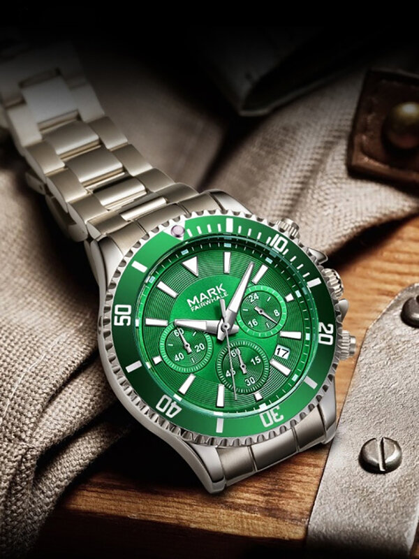 Часы мужские кварцевые из нержавеющей стали, роскошные модные светящиеся повседневные зеленые круглые, с хронографом