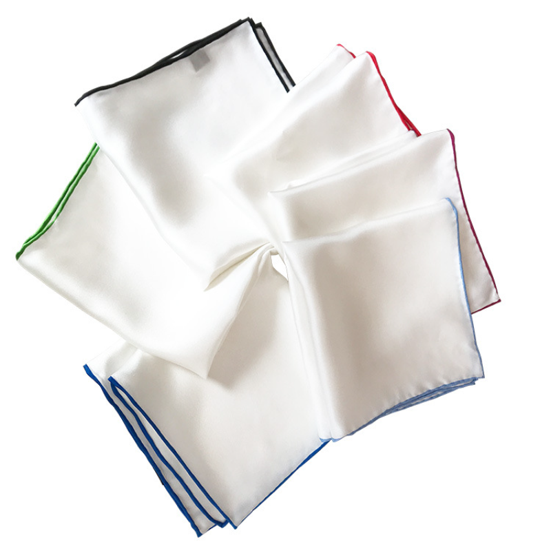 34cm Elegant and Classy White Handkerchiefs Hand Rolled Hem Pocket Squares for Men Natural Mulberry Silk Colorful Edge Banding