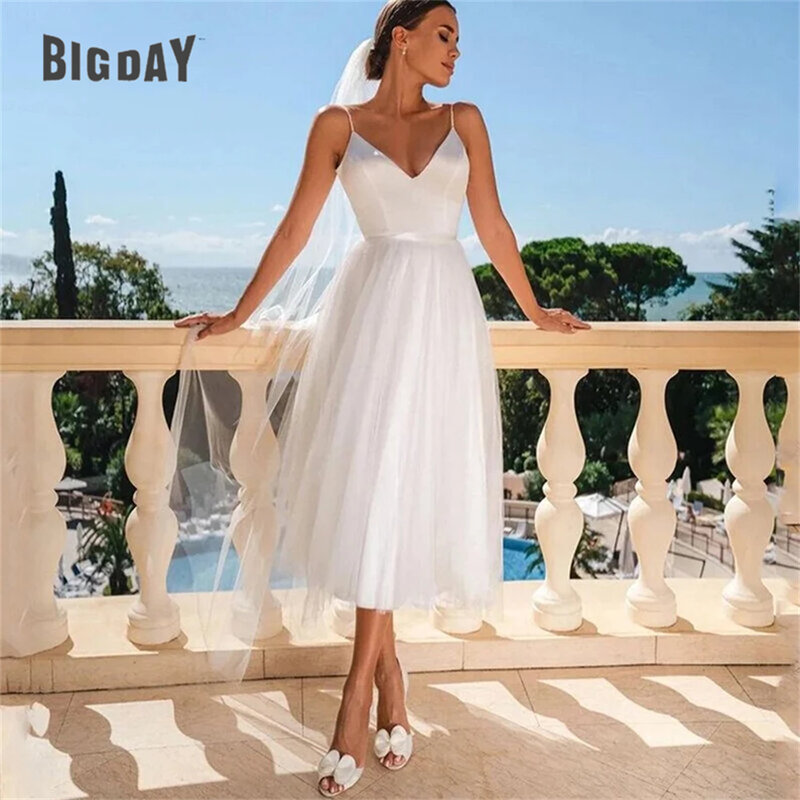 Elegant Short Wedding Dresses Women 2024 A-Line V-Neck Spaghetti Straps Open Back Tulle Bridal Gown Tea-Length Vestidos De Noiva
