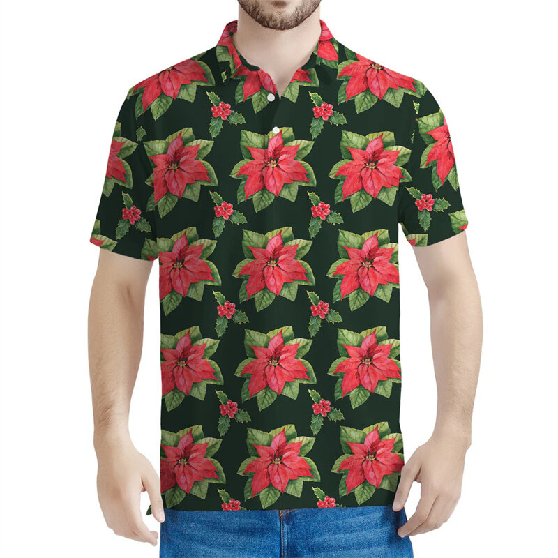 Camisa polo de flor de poinsétia masculina, mangas curtas florais estampadas em 3D, camisas femininas, tops de verão, lapela casual