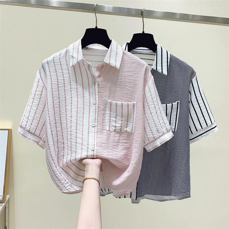 2024 neue koreanische unregelmäßige Streifen Sommer kurz ärmel ige Shirt Design Sinn Stand Up Neck Shirt dünne Stil Blusen Shirt für Frauen