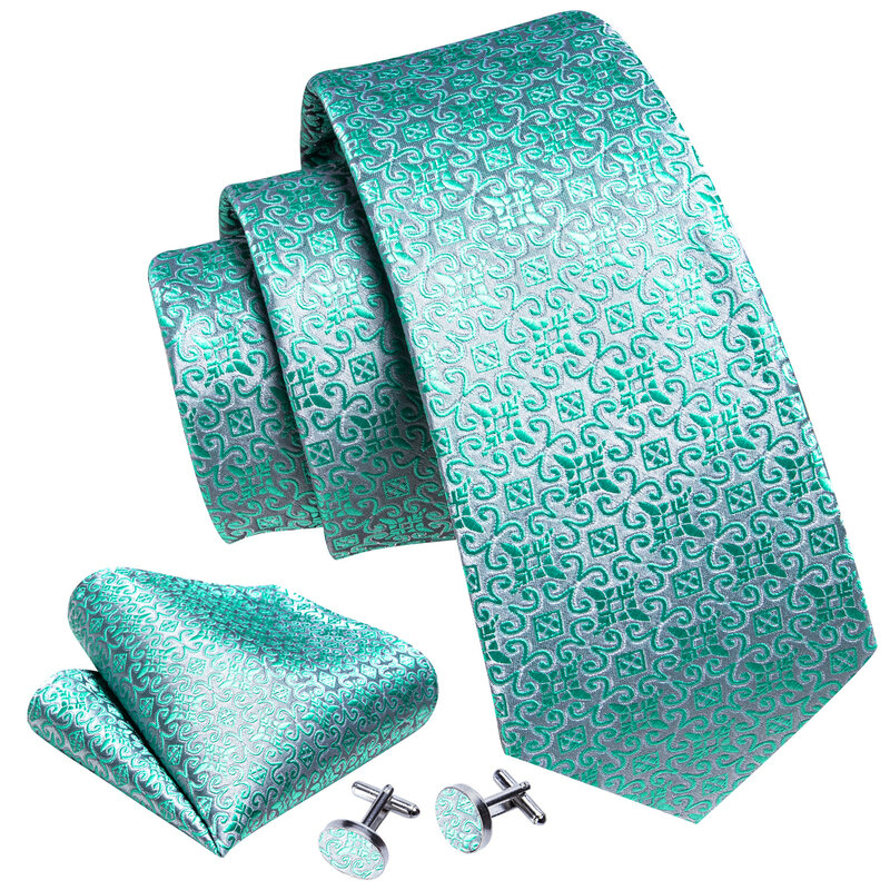 우아한 남성 넥타이 세트, 녹색 꽃 블루 골드 실크 넥, 포켓 스퀘어 커프스 단추, 결혼 선물, 무료 배송, Barry · Wang 5968