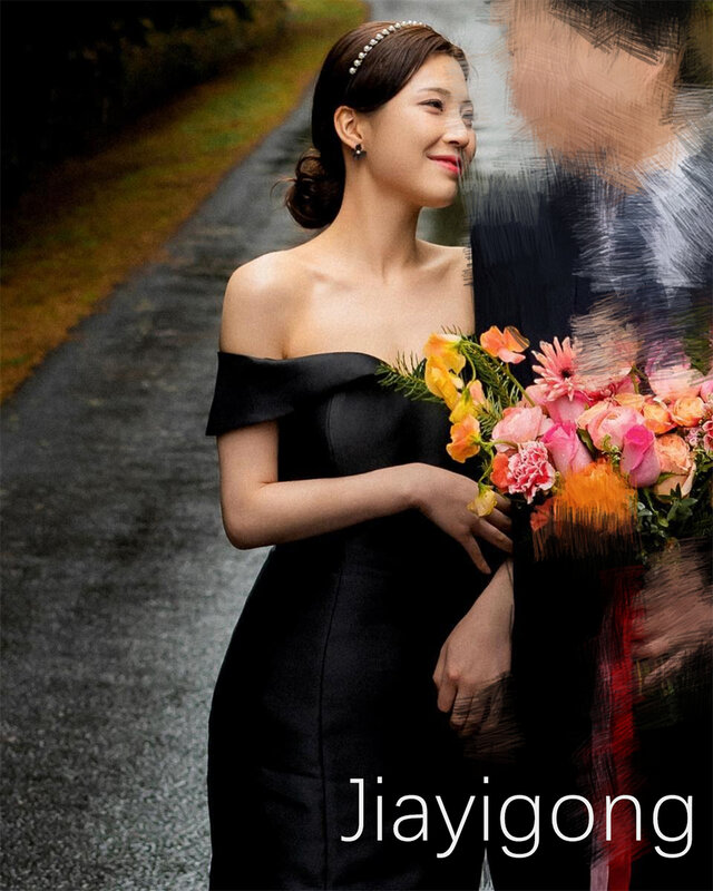  Korea Jiayigong Elegant High Quality Off-the-shoulder Sheath Wedding Party Open Back Satin Floor Length Custom 