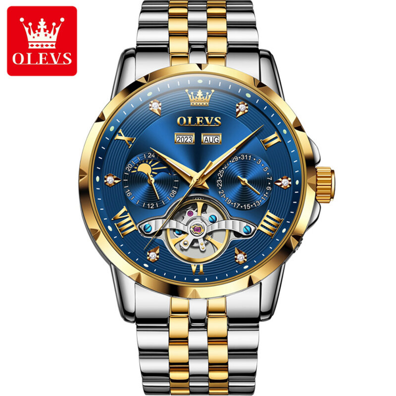 Механические модные часы OLEVS 6691, подарок, браслет из нержавеющей стали, круглый циферблат, отображение недели, календарь, световой год