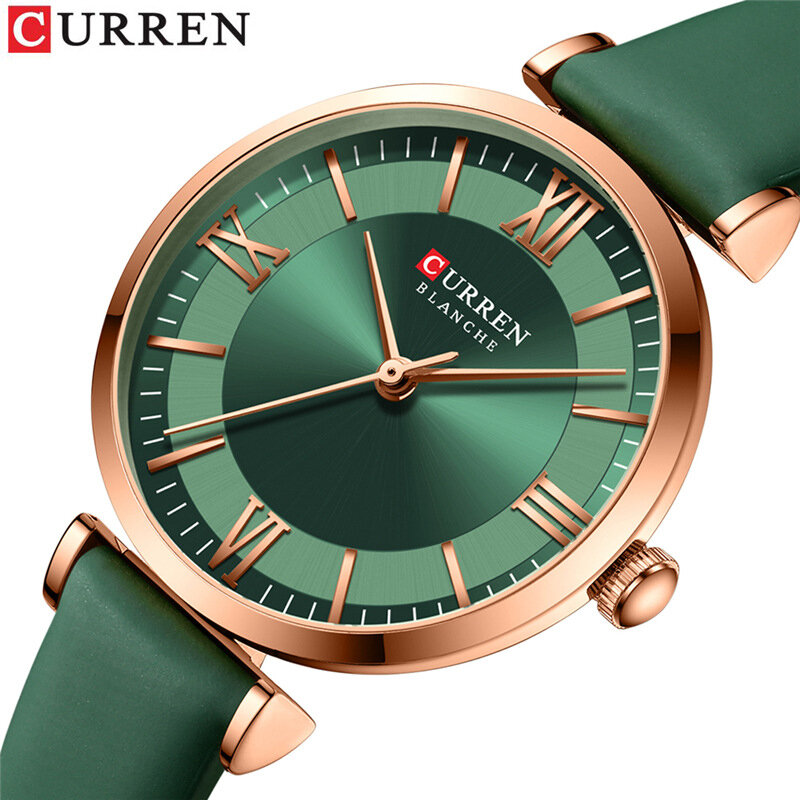 Curren-女性用クォーツ腕時計,レザーブレスレット,高級ブランド,ゴールドカラー,ギフト
