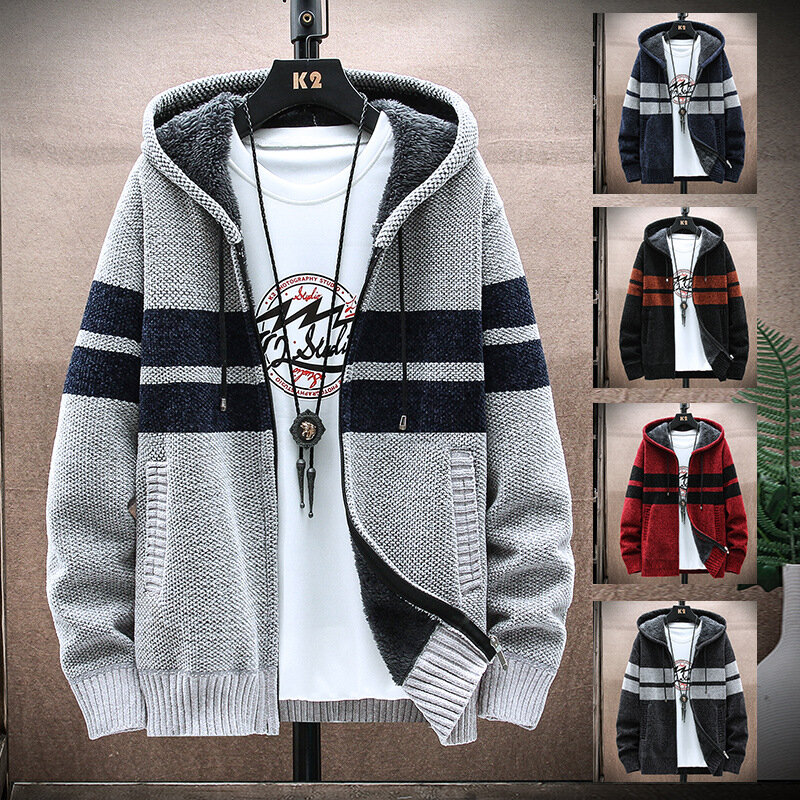 Foreign trade hooded cardigan sweater men's autumn and winter loose fit large size short knit shirt Chenille men's coat