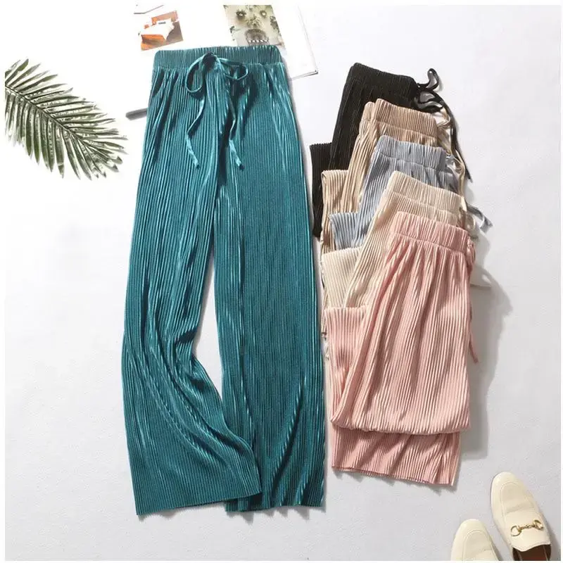 Женские модные летние широкие брюки, плиссированные брюки из вискозы с эластичным поясом, Свободные повседневные брюки