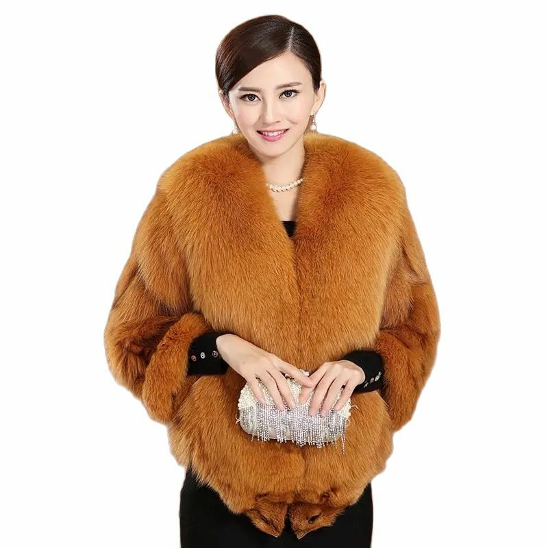 FoxHair-abrigo de piel auténtica de doble cabeza para mujer, de longitud media, cuello en V, temperamento cálido, 2023