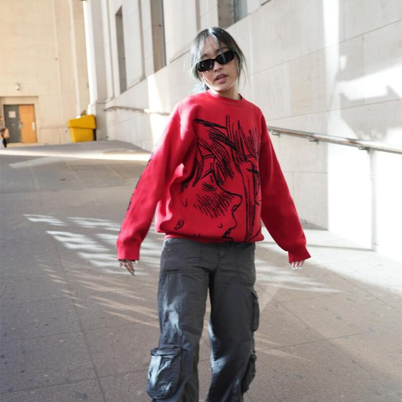 Женская трикотажная уличная одежда y2k с мультяшным принтом в стиле Харадзюку, рваные пуловеры в стиле хип-хоп с вырезами, джемпер, Мужской Свитер оверсайз