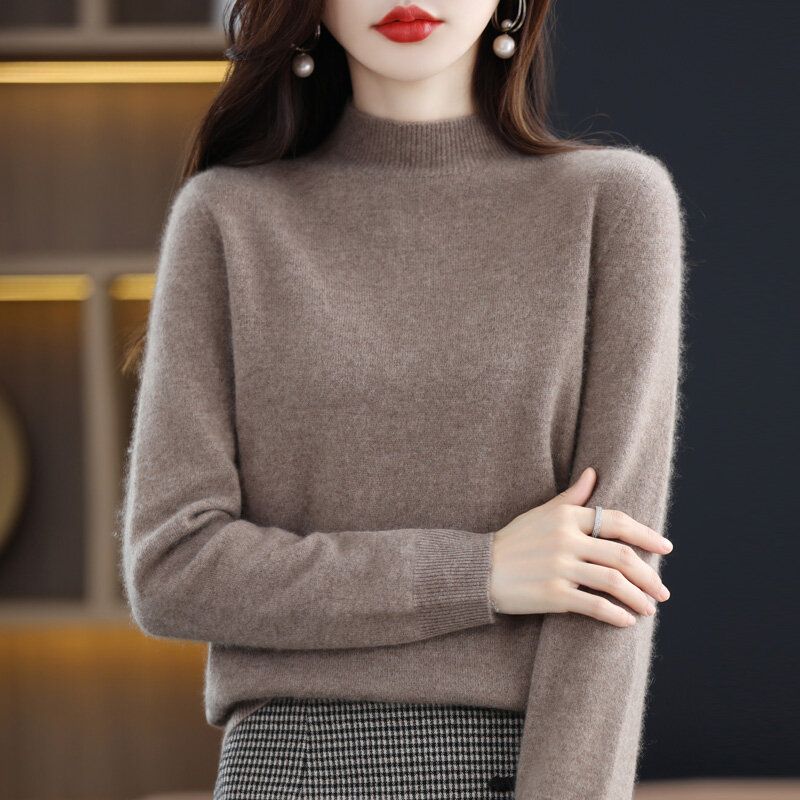 Suéter de punto de Cachemira de lana merina para mujer, Jersey de manga larga de cuello medio alto, Top elegante, cálido y único, alta calidad