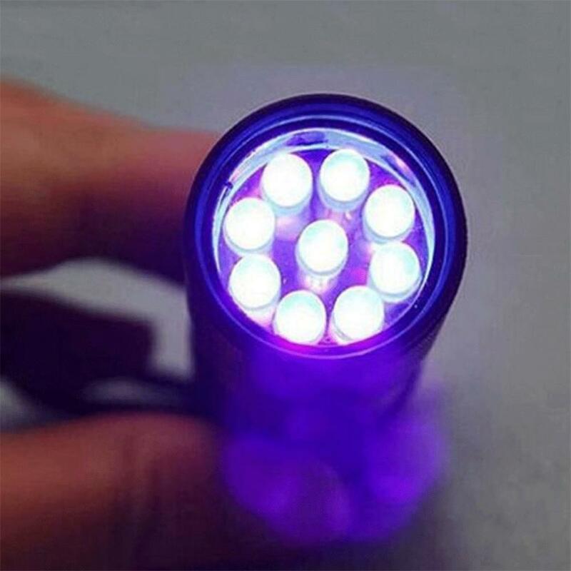 UV lampu senter Ultraviolet 9 LED, senter darurat Mini multifungsi, ringan, portabel, luar ruangan, tahan air