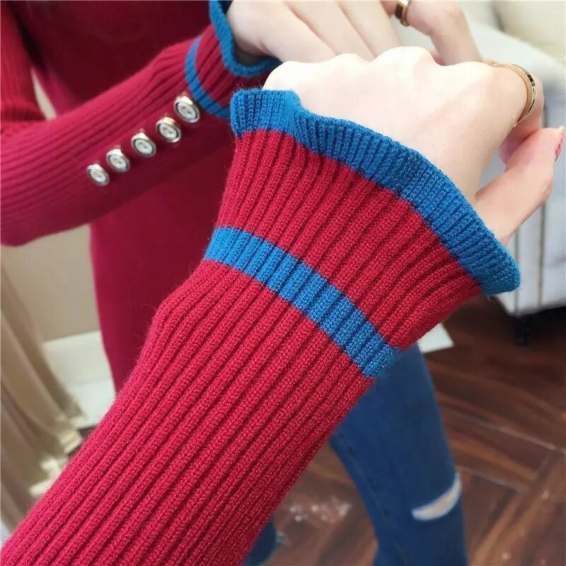 2023 New Vintage Pull Femme Stand Neck Fungus Edge Contrast Color Patchwork Jumpers Long Sleeve Chic Buttons Sweater