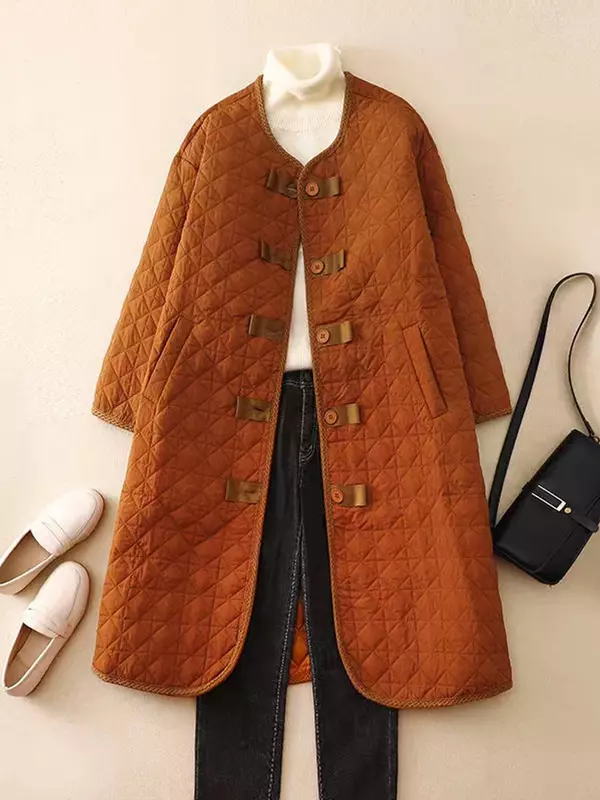 Jaket katun wanita, parka Vintage ukuran besar, mode kancing kotak-kotak musim dingin, jaket mantel wanita panjang bantalan katun elegan 1987