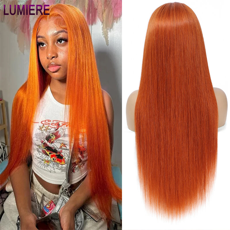 Lumiere-Peluca de cabello humano liso para mujeres negras, postizo de encaje Frontal transparente 13x4, color naranja jengibre, predesplumada