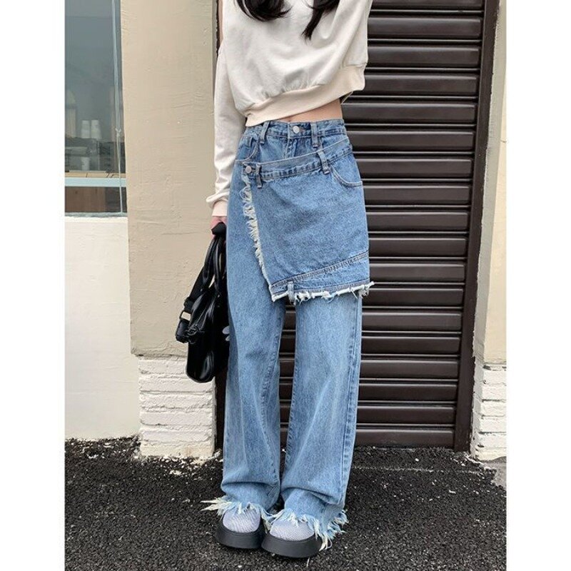 Deeptown workowata patchworkowe dżinsy kobieta koreańska spódnica w stylu Vintage z szerokimi nogawkami spodnie dżinsowe kokietce z wysokim stanem proste spodnie Y2k