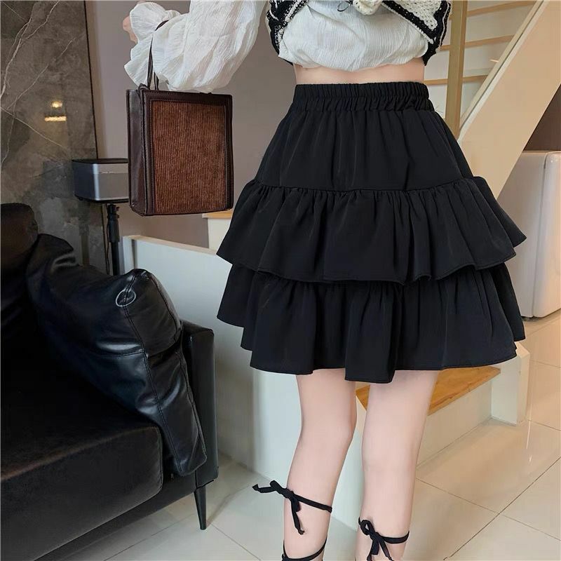 Deeptown Ruffle Mini Skirt Women Elegant Black Korean Fashion Cute Sweet Short Skirt Pleated Solid Basic All-match Casual Skirt