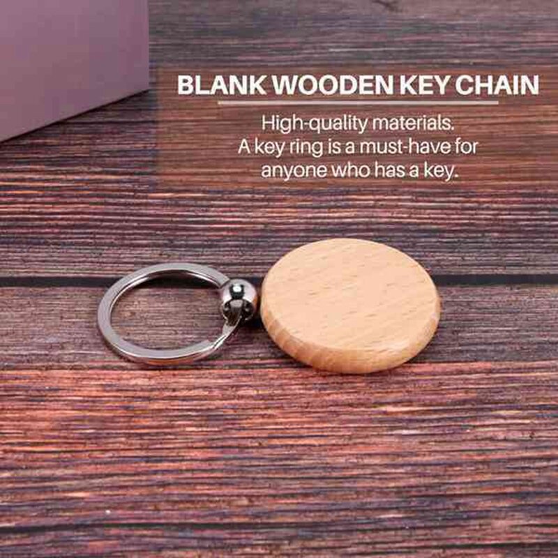 Gantungan kunci kosong 70 buah, gantungan kunci ukiran kayu DIY gantungan kunci kayu untuk kerajinan DIY-bulat