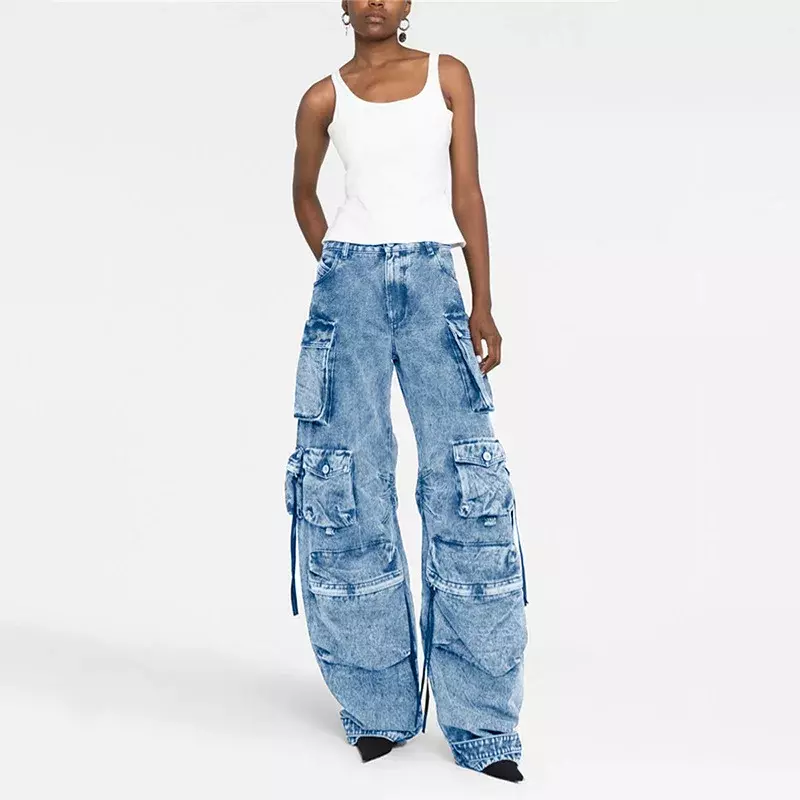 Hip-hopowe, dymne, szare, łączone z wieloma kieszeniami spodnie codzienne damskie Streetwear robią stare wiosenne i jesienne nowe długi, szeroki nogawki