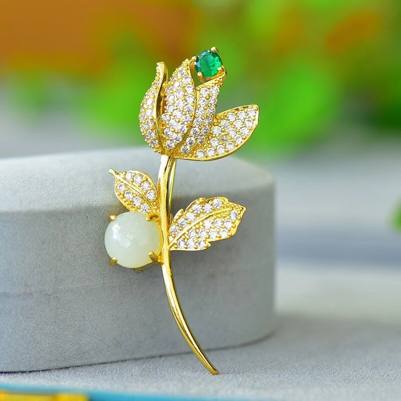 Natural Hetian White Jade Rose🌹 Brooch Men Women Dress Suit Scarf Buckle Clip Luxury Charm Jewelry Gift Girl Brooches Jewellery