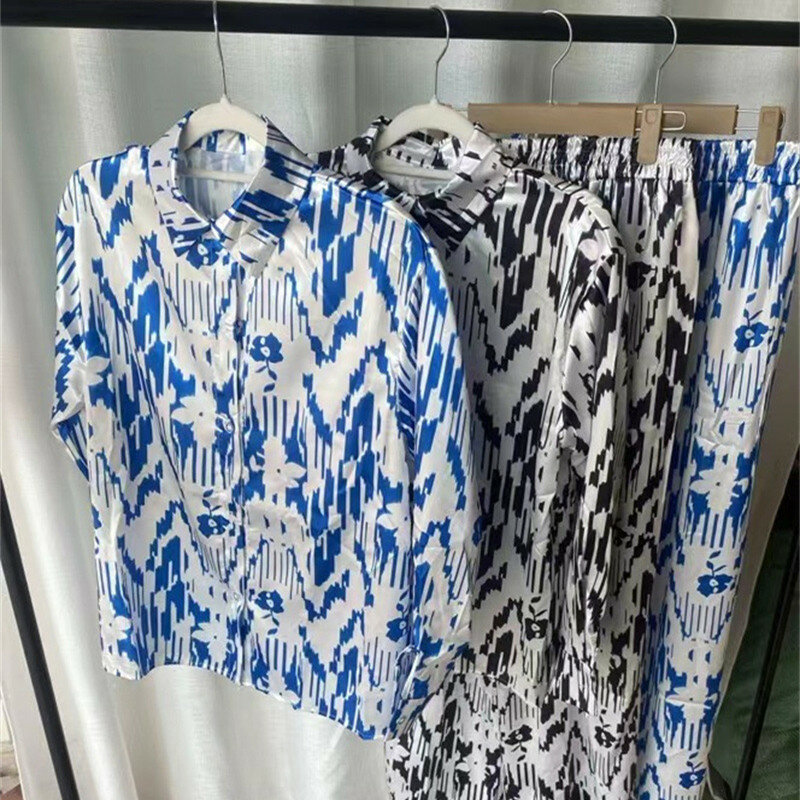 Женский атласный комплект из 2 предметов, свободная рубашка с длинным рукавом и воротником с лацканами, брюки с широкими штанинами, 2024