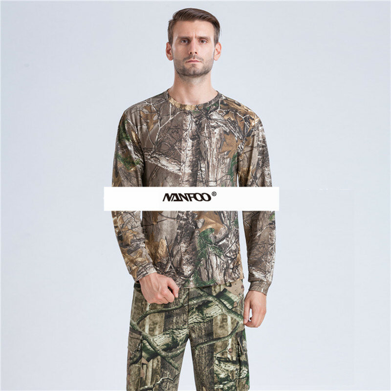 Camiseta de camuflaje biónico para caza y pesca, camisa de manga larga, sombrilla, talla grande, suelta, informal, para exteriores, Verano
