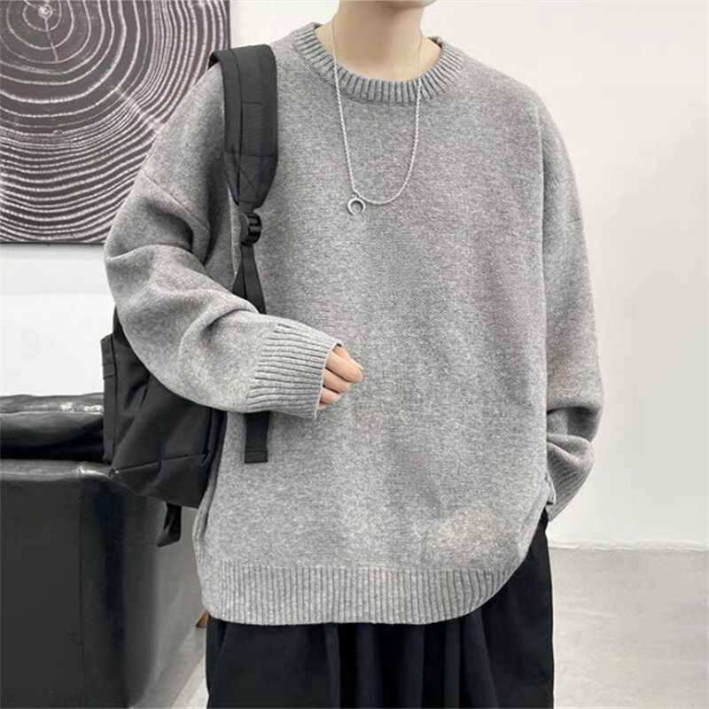 New O-neck Sweaters Men Autumn Winter Tops Loose Solid Color Pullover Male Fashion Sweater
