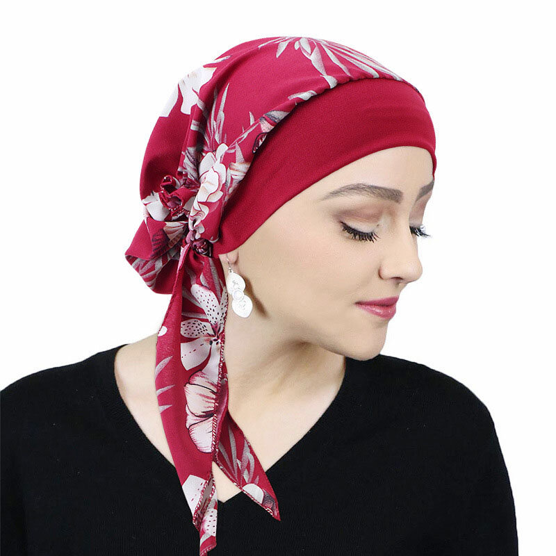 Damskie czapki z Chemo na raka muzułmański hidżab z kwiatowym nadrukiem czapka Turban utrata włosów chusta na głowę elastyczna bawełna muzułmański hidżab
