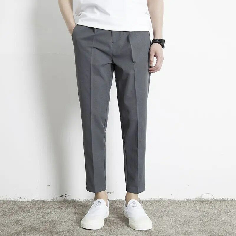 Korean Summer New Vintage Casual Versatile Straight Suit Pants Men Solid Button Zipper Pockets Patchwork Loose Business Trousers