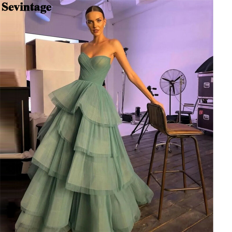 Sevintag Mint Green Prom Dresses Organza Strapless A-Line Tiered Layered Skirt Pleat Ruched Floor Length Women Party Gowns 2023