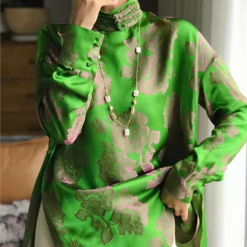 Camisa de seda impressa retrô elegante feminina, estilo chinês