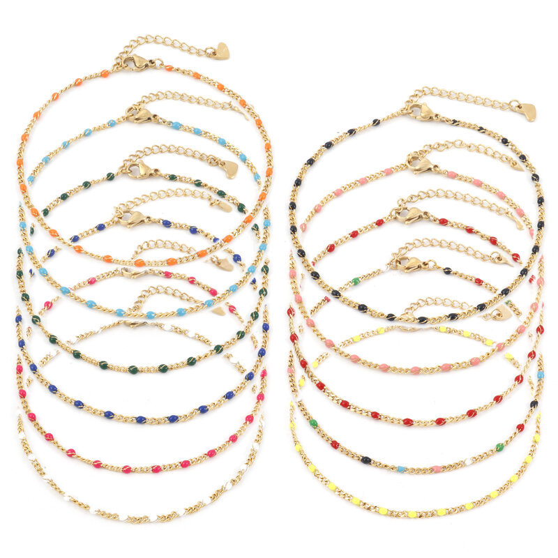 New Gold Color Curb Link Chain Anklet Stainless Steel Multicolor Enamel Bead On Foot Women Summer Anklet Women Jewelry 23cm