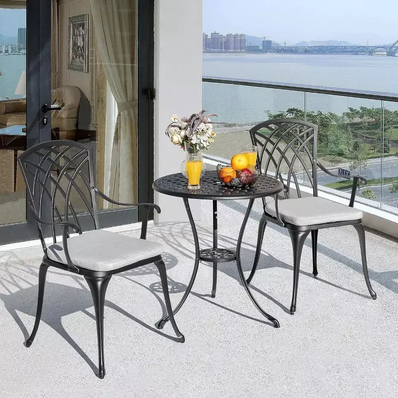 3-teiliges Bistro tischset Terrassen möbel aus Aluminium guss mit Schirm loch und grauen Kissen für Camping auf dem Terrassen balkon