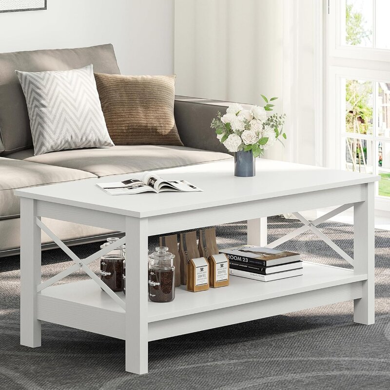Coffee Table for Living Room,Modern Farmhouse Coffee Table with Storage,2-Tier Center Table for Living Room Wood Living Room