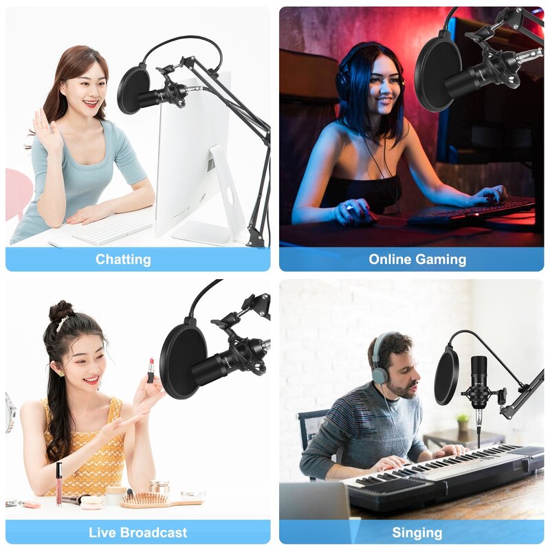 New Condenser Microphone Broadcast Singing Microphone Kits with Suspension Scissor Arm & Metal Shock Mount & USB Sound