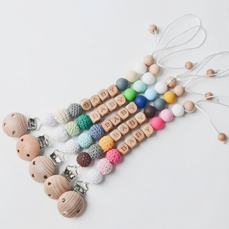 Baby Personalized Name Pacifier Clips Chains Wood Silicone Beads Crochet Newborn Tiny Rod Dummy Nipple Holder Clip Teething Toys