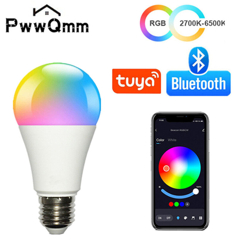 PwwQmm AC220V-110V LED E27 Aplikasi Nirkabel 4.0 Bohlam Pintar Bluetooth Tuya Kontrol Aplikasi Dapat Diredupkan 15W RGB + CW + WW Kompatibel dengan IOS/Android