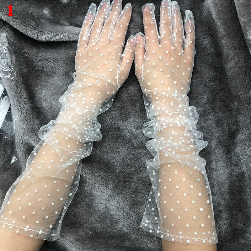 Autumn Summer Women Short Tulle Gloves White Black Dot Weeding Gloves Stretchy Lace Spots Full Finger Mittens Mesh Lace Gloves