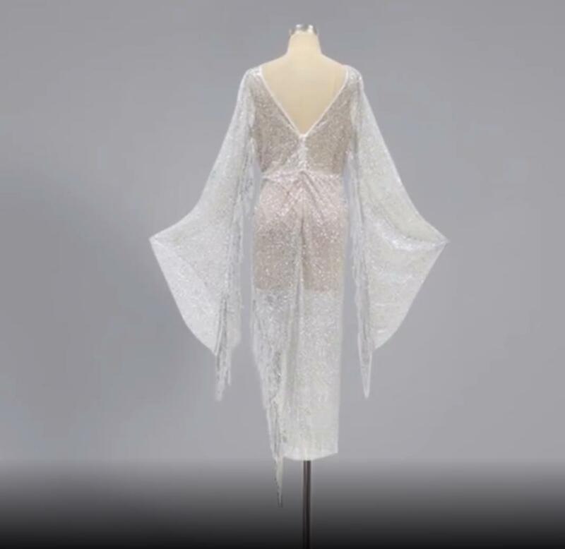 Женское вечернее платье с бахромой, V-образным вырезом и рукавом-фонариком