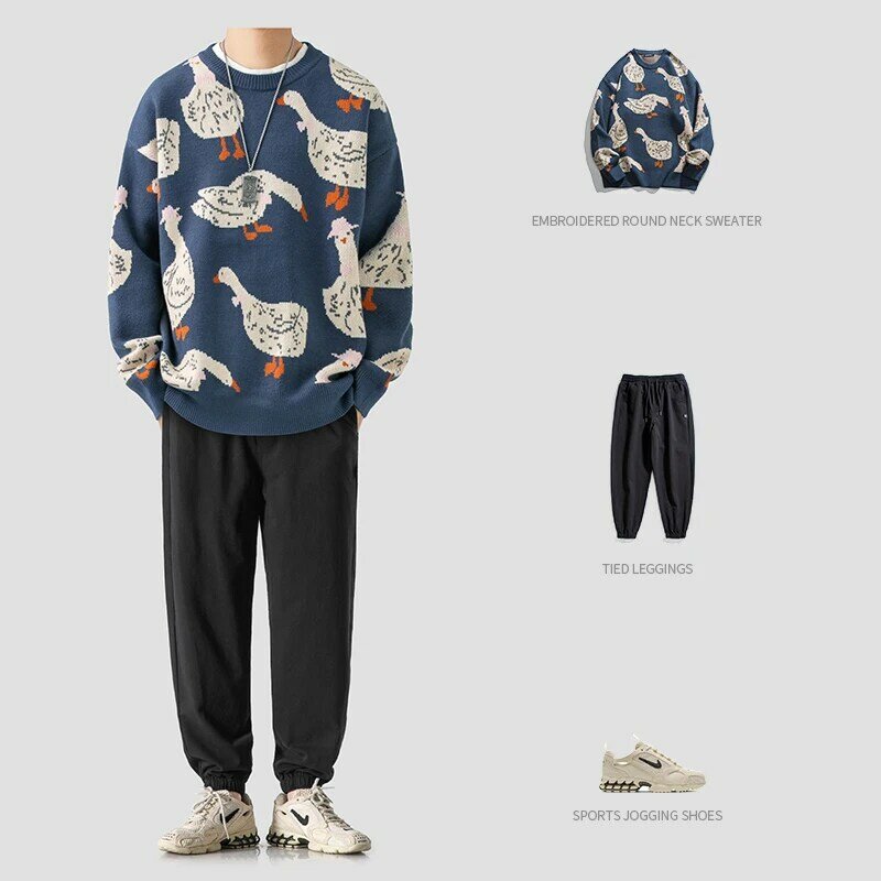 2023 new Harajuku Casual O-neck Oversize Top Streetwear Japanese Knitted Sweater Men Cartoon Animal Duck Goose Print Pullover