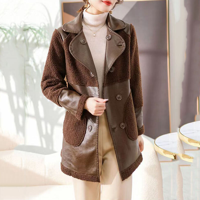Jaket kulit wanita, baru bulu domba tebal musim gugur musim dingin hangat PU kulit mantel panjang wanita setelan kerah satu mantel Trench 5XL