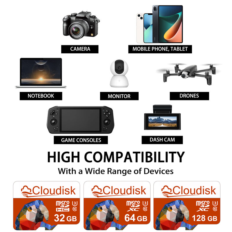 CloudDisk-マイクロSDメモリーカード,クラス10,u3,v30,tf,16GB, 32GB, 64GB, 128GB, 1GB, 2GB, 4GB, 8GB a1、電話、タブレット、カメラ