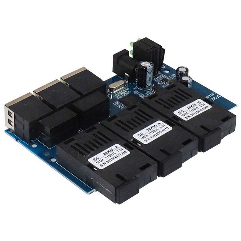Konverter Media optik papan PCBA, sakelar serat Ethernet 100M 20Km 3 Fiber 3 RJ45 mendukung RPOE Simplex SC Fiber Switch