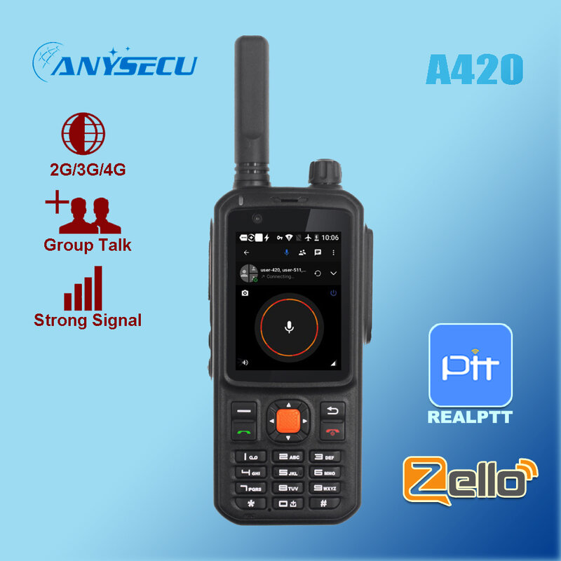 ANYSECU-Talkie-walkie A420, radio réseau POC PTT, radio WiFi Zello, 101Compatible avec les téléphones intelligents Android Real-PTT, persévérance, 4G